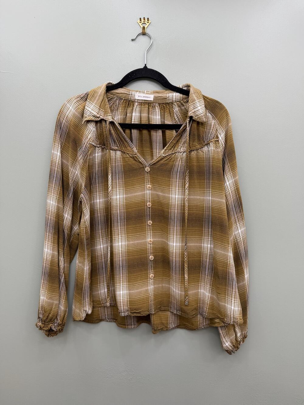 Blu Pepper Brown Plaid Peasant Blouse Boho Button Front Top Medium